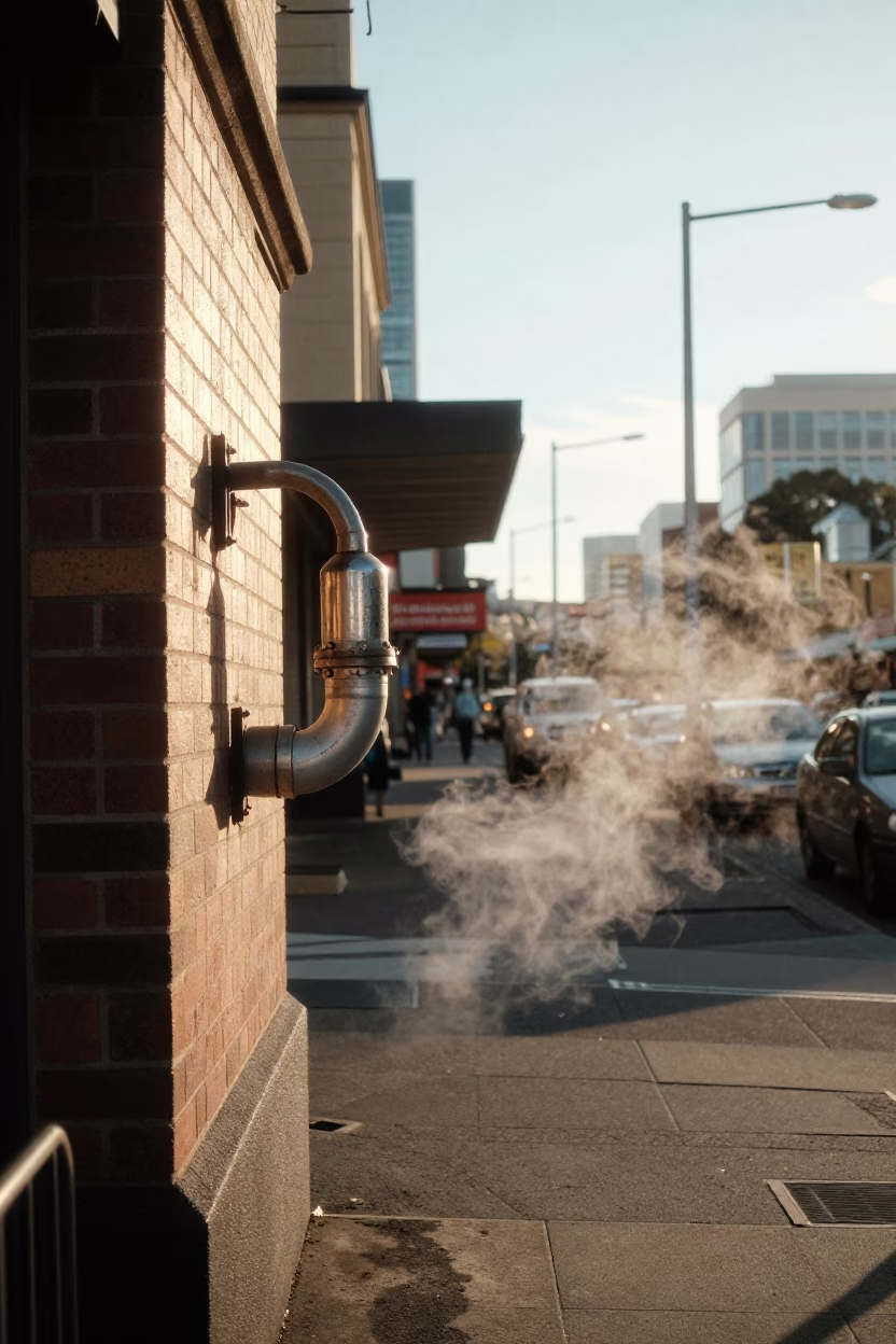 Late Morning Street Scene in Hobart Tasmania with Steam and Urban Infrastructure in in Hobart, Tasmania, Australia