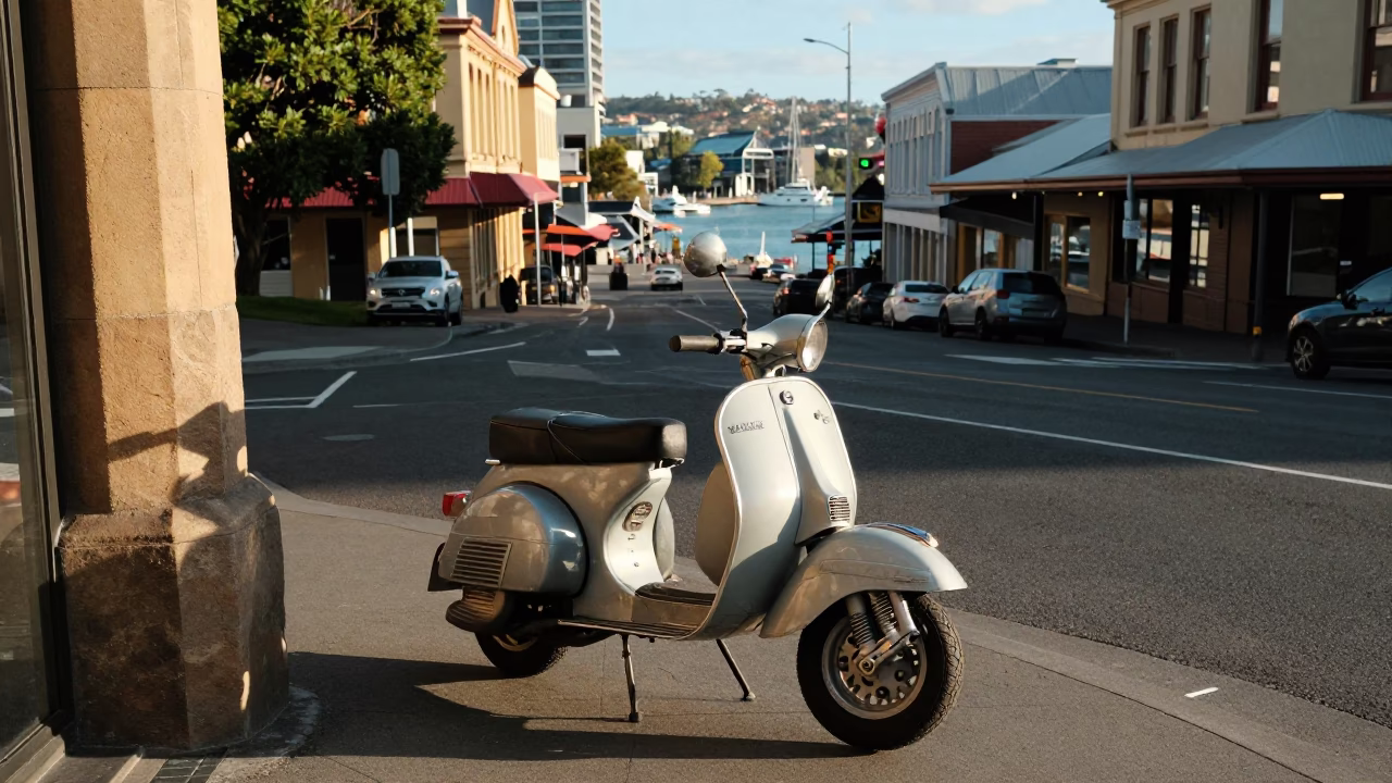 Late Morning Street Scene in Hobart Tasmania with Vintage Scooter and Harbor View in in Hobart, Tasmania, Australia