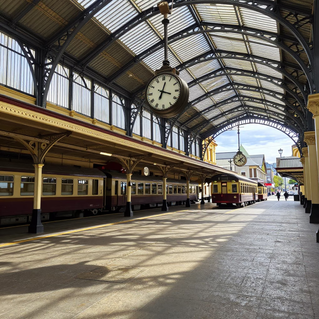 Late Morning Street Scene in Hobart Tasmania with Vintage Train Station Clock in in Hobart, Tasmania, Australia