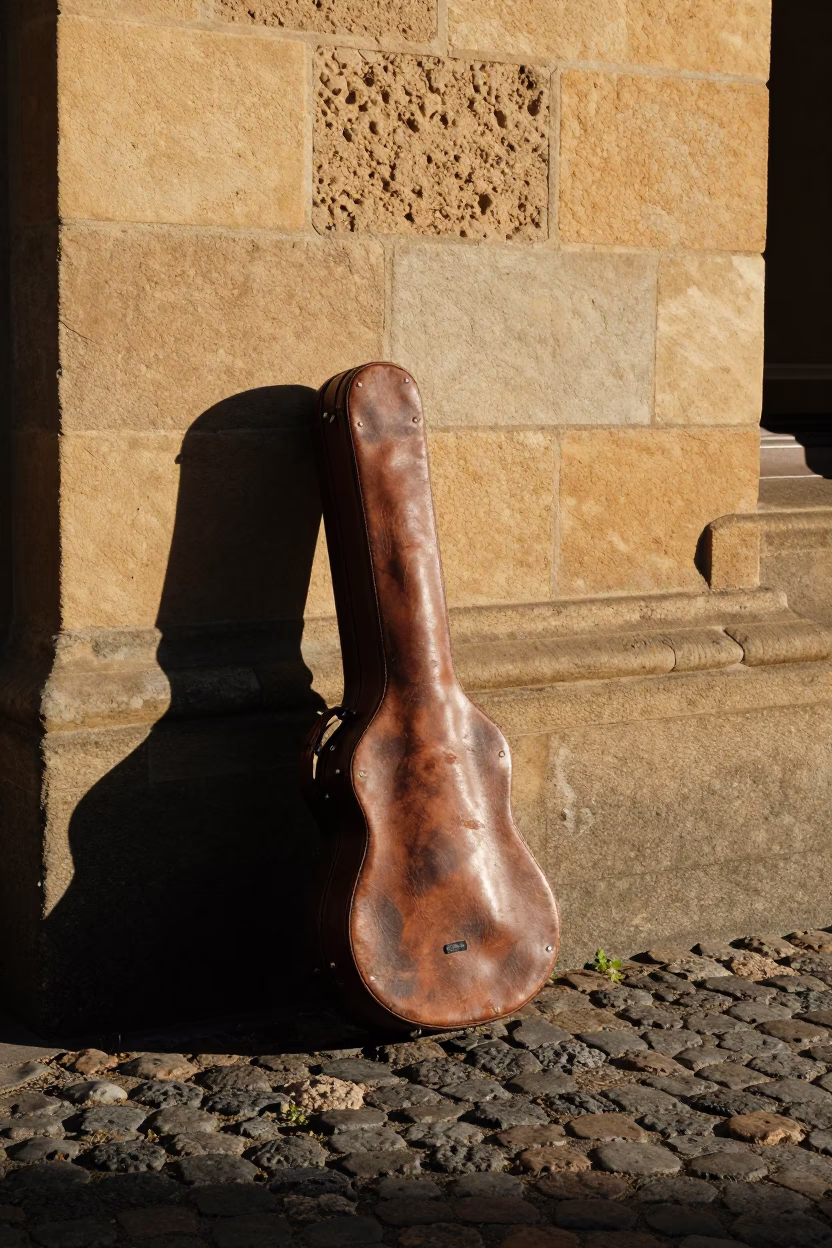 Late Morning Street Scene in Hobart Tasmania with Vintage Ukulele Case and Cobblestone Details in in Hobart, Tasmania, Australia
