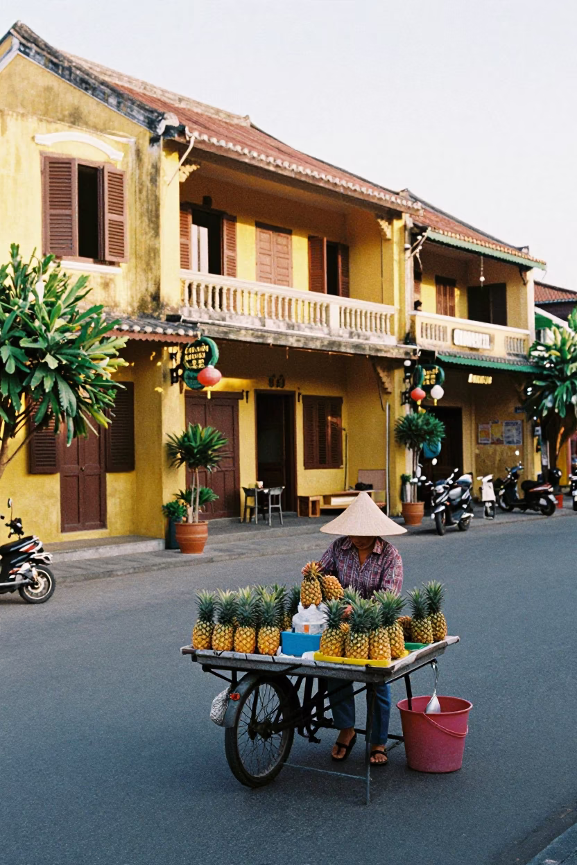 Late Morning Street Scene in Hoi An Vietnam with Pineapple Vendor and Cat in in Hoi An, Vietnam
