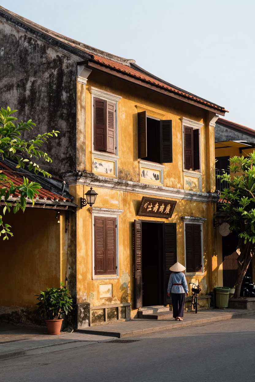 Late Morning Street Scene in Hoi An Vietnam with Traditional Architecture and Daily Life in in Hoi An, Vietnam