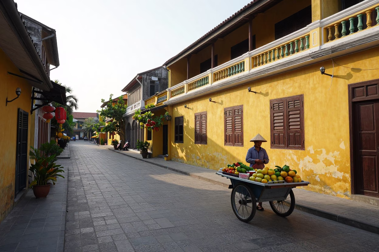 Late Morning Street Scene in Hoi An Vietnam with Yellow Buildings and Local Commerce in in Hoi An, Vietnam