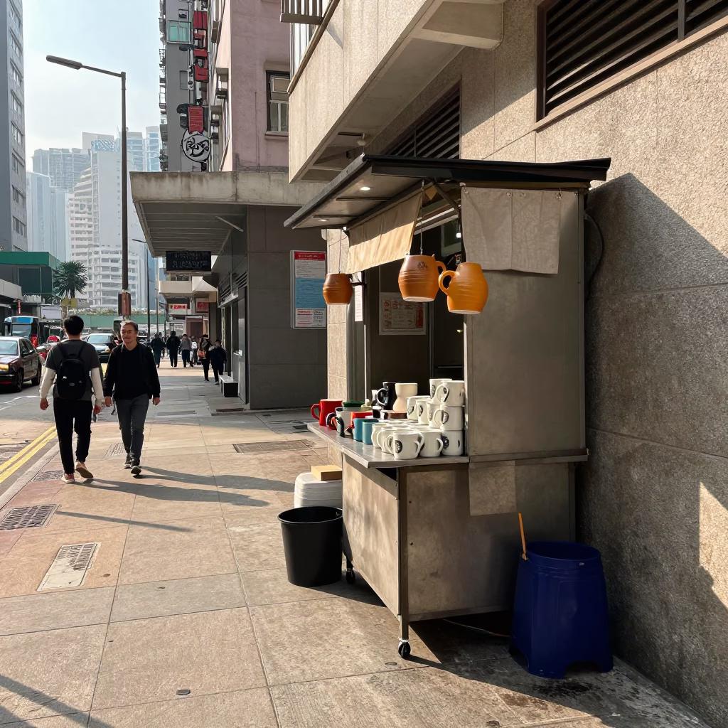 Late Morning Street Scene in Hong Kong With Ceramic Mugs and Urban Details in in Hong Kong, Hong Kong
