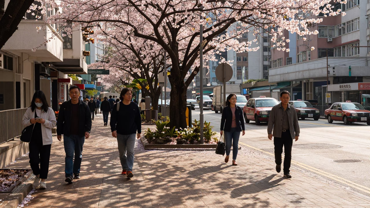 Late Morning Street Scene in Hong Kong with Cherry Blossoms and Urban Details in in Hong Kong, Hong Kong