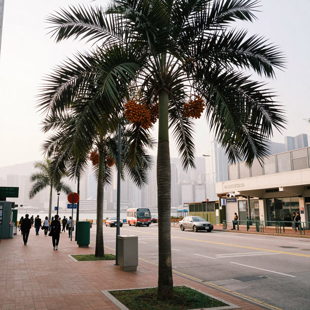 Late Morning Street Scene in Hong Kong with Date Palm and Vintage Warehouse Elements in in Hong Kong, Hong Kong