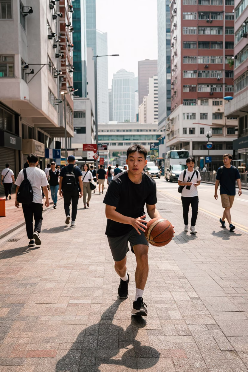 Late Morning Street Scene in Hong Kong with Old Leather Basketball and Urban Life in in Hong Kong, Hong Kong