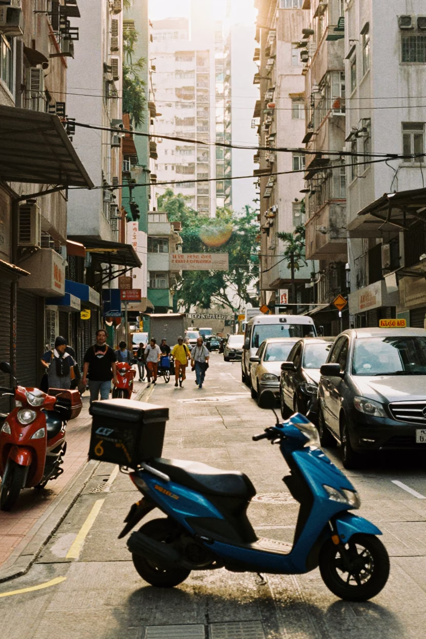 Late Morning Street Scene in Hong Kong with Scooter and Blue Porcelain Bowl in in Hong Kong, Hong Kong