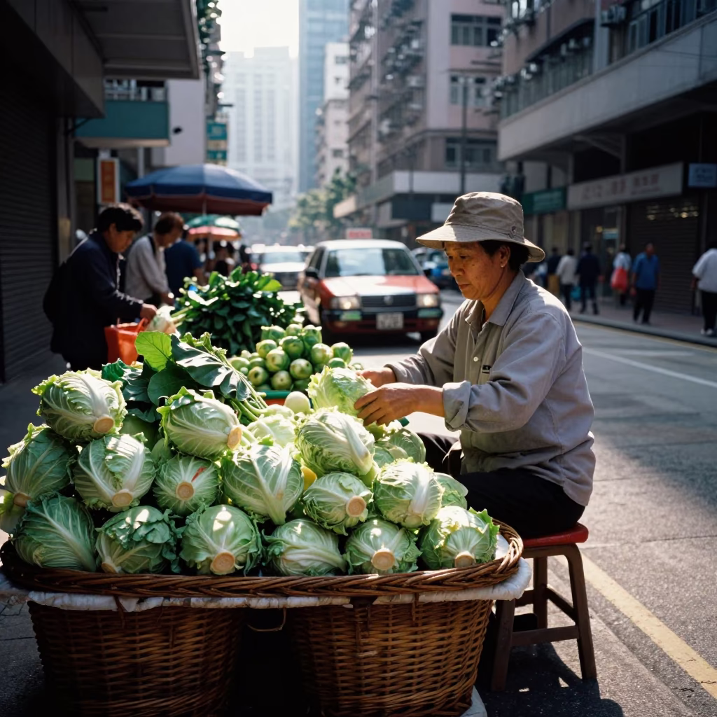 Late Morning Street Scene in Hong Kong with Wicker Basket and Cabbages in in Hong Kong, Hong Kong