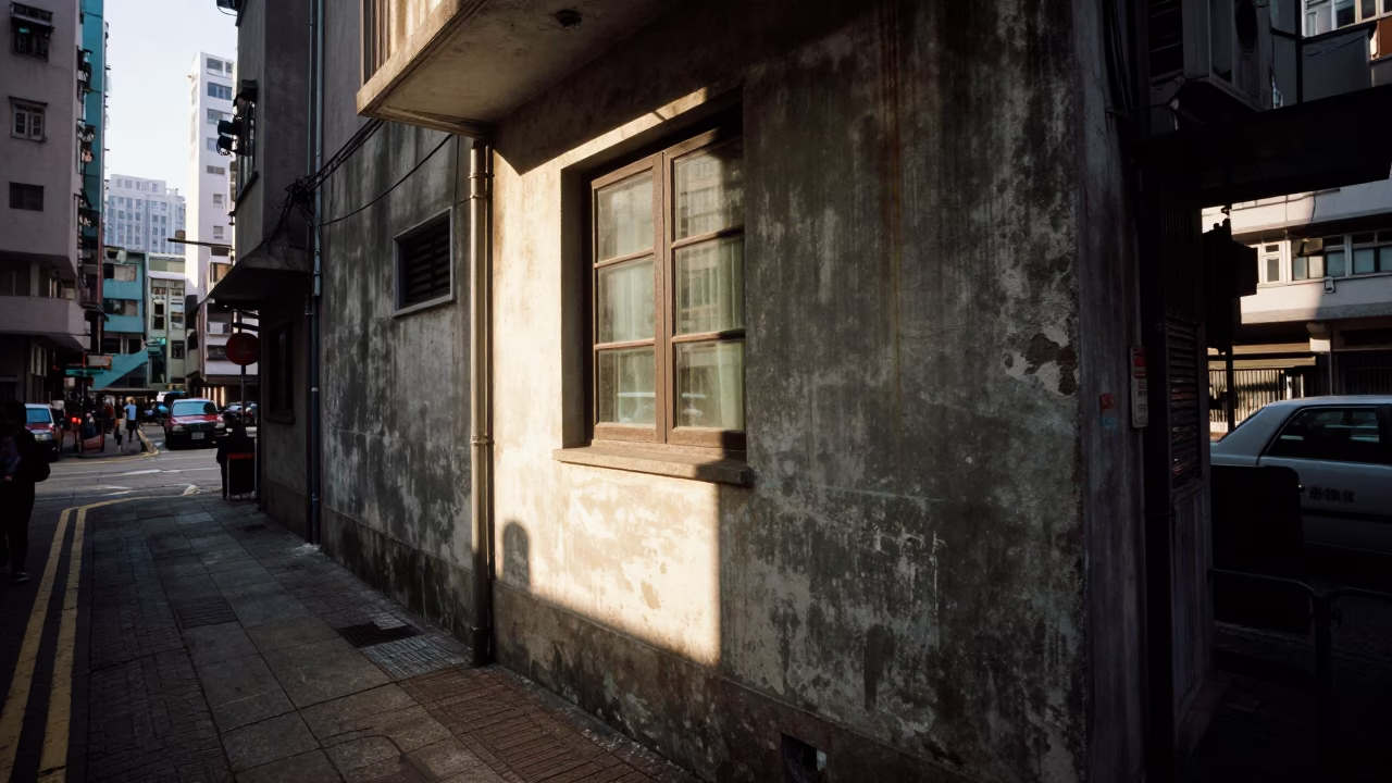 Late Morning Street Scene in Hong Kong with Window Light and Linen Fringe Details in in Hong Kong, Hong Kong