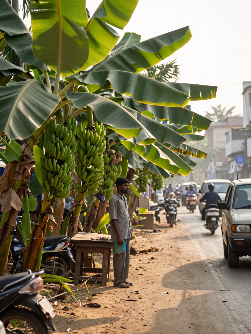 Late Morning Street Scene in Hyderabad India with Banana Plantation and Local Life in in Hyderabad, India