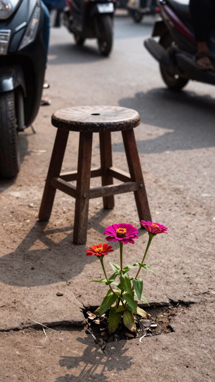 Late Morning Street Scene in Hyderabad India with Stool and Zinnias in in Hyderabad, India