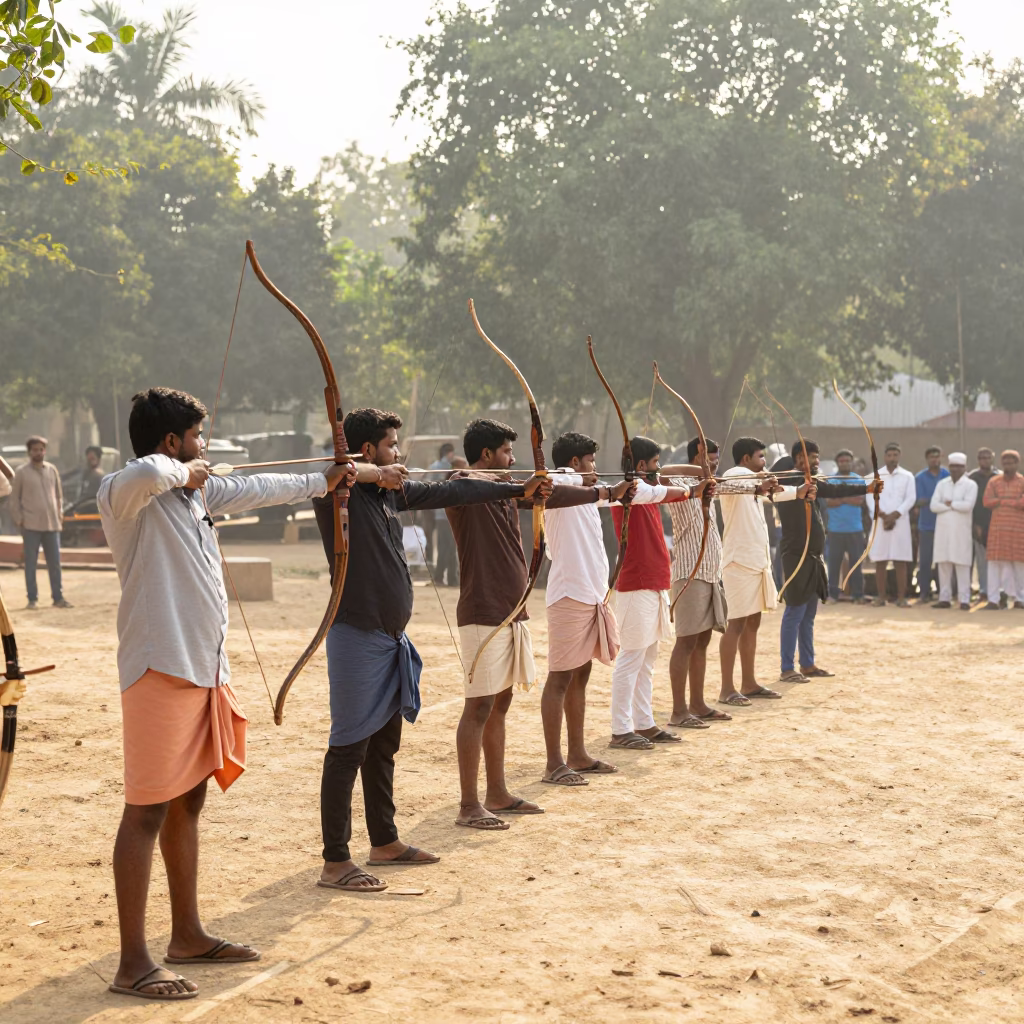 Late Morning Street Scene in Hyderabad India with Traditional Archery Contest and Local Crowd in in Hyderabad, India