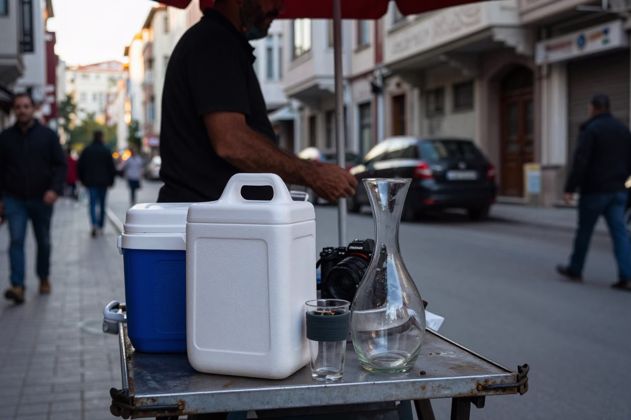 Late Morning Street Scene in Istanbul Turkey with Carafe and Cooler Jug in in Istanbul, Turkey