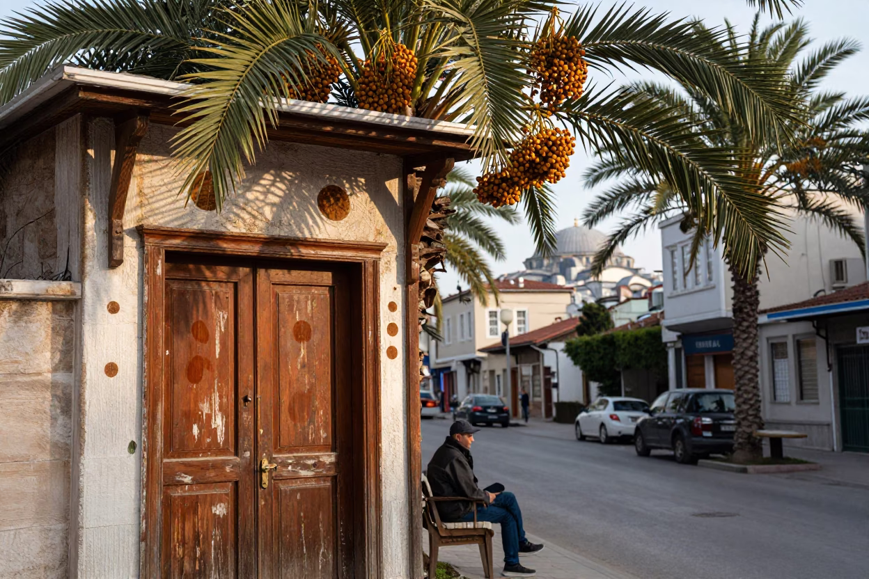Late Morning Street Scene in Istanbul Turkey with Date Palms and Traditional Tea Stains in in Istanbul, Turkey
