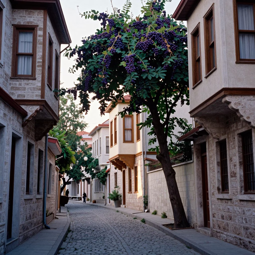 Late Morning Street Scene in Istanbul Turkey with Fig Tree and Soup Bowls in in Istanbul, Turkey
