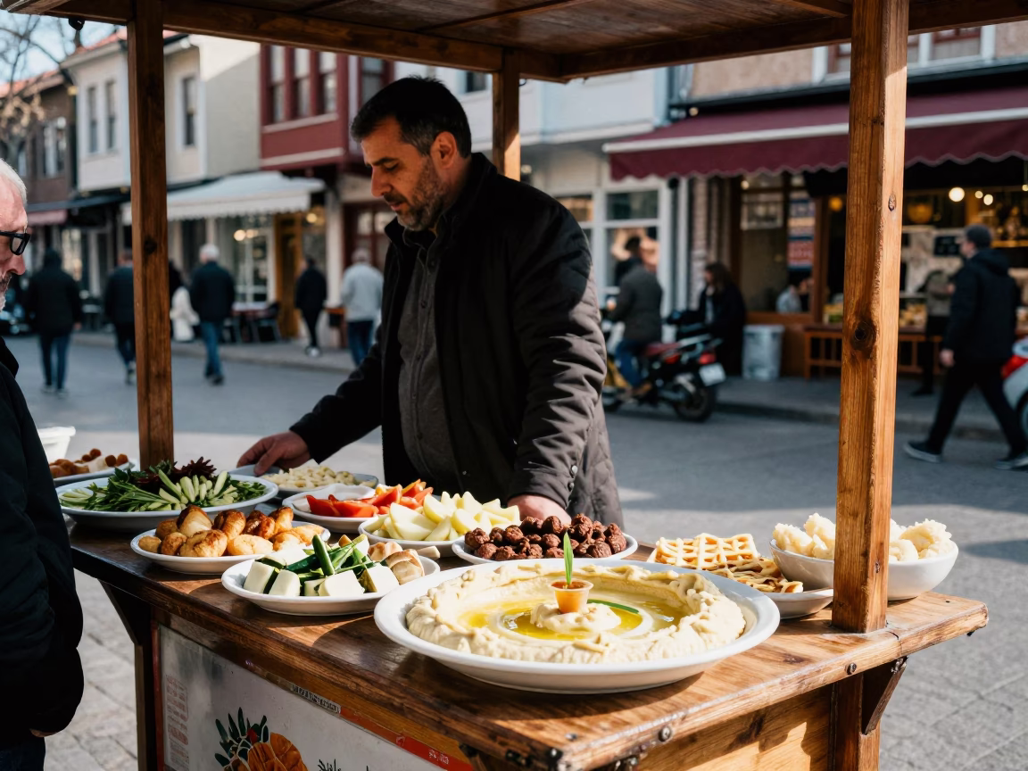 Late Morning Street Scene in Istanbul Turkey with Mezze Platter and Linen in in Istanbul, Turkey