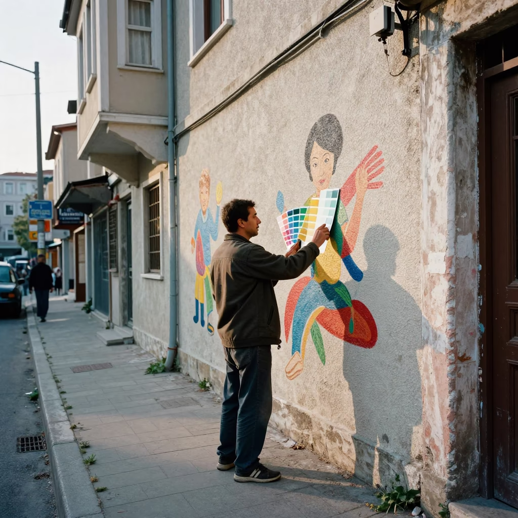 Late Morning Street Scene in Istanbul Turkey with Muralist and Urban Details in in Istanbul, Turkey