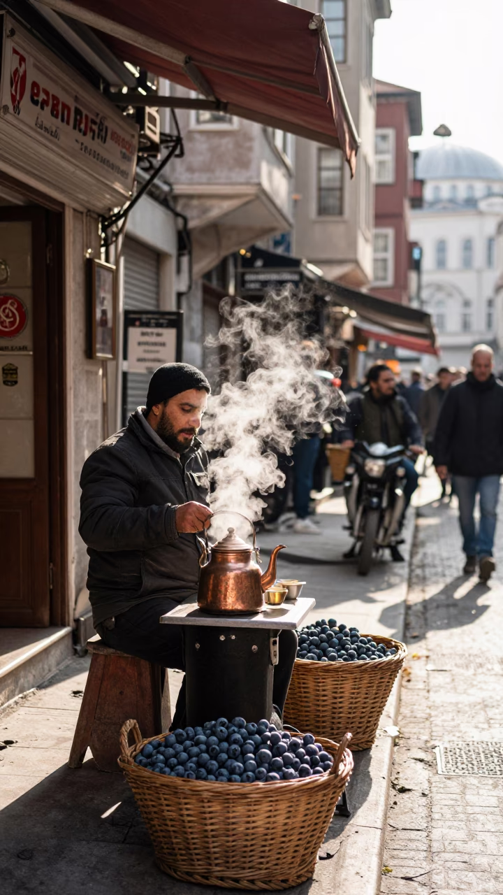 Late Morning Street Scene in Istanbul Turkey with Tea Kettle and Onions in in Istanbul, Turkey