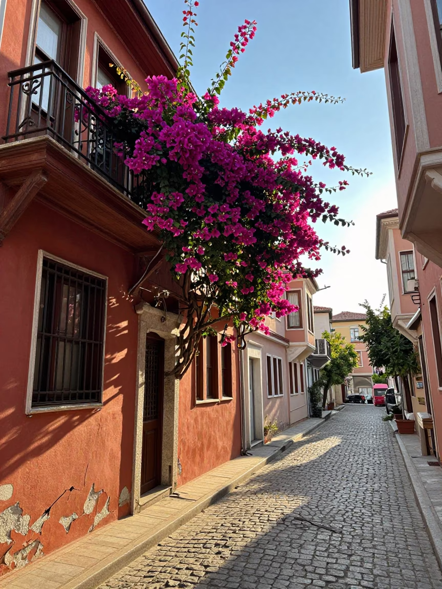 Late Morning Street Scene in Istanbul with Bougainvillea and Traditional Architecture in in Istanbul, Turkey
