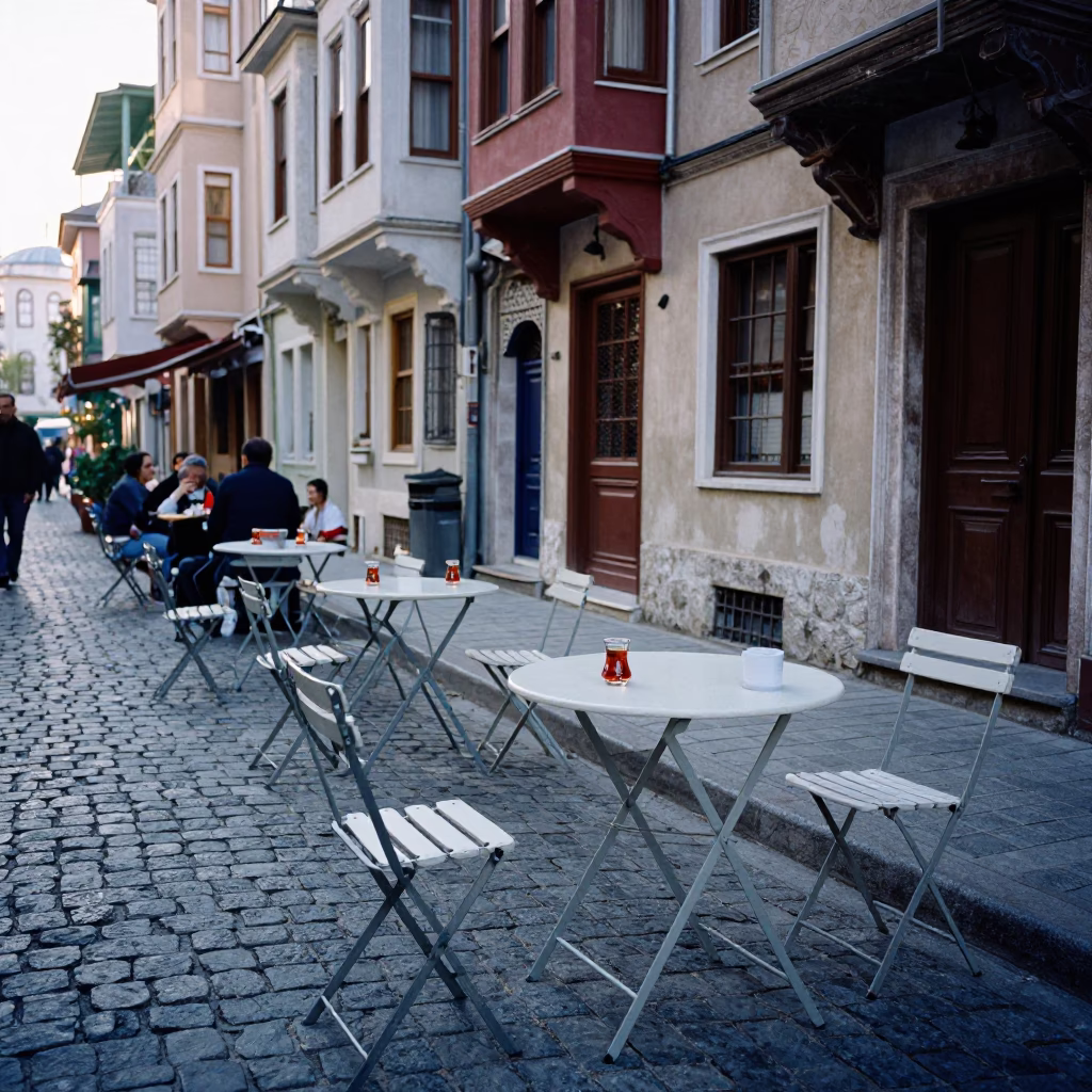 Late Morning Street Scene in Istanbul with Folding Tables and Tea Stains in in Istanbul, Turkey