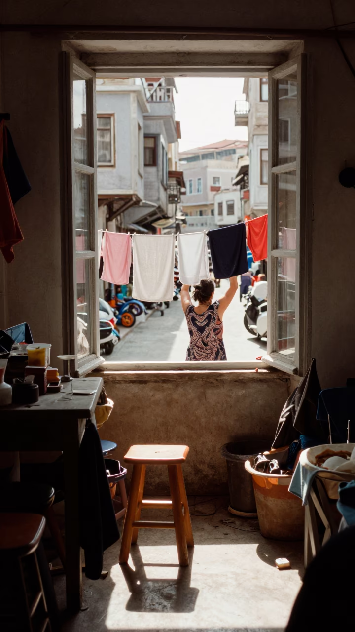 Late Morning Street Scene in Izmir Turkey with Laundry and Urban Details in in Izmir, Turkey