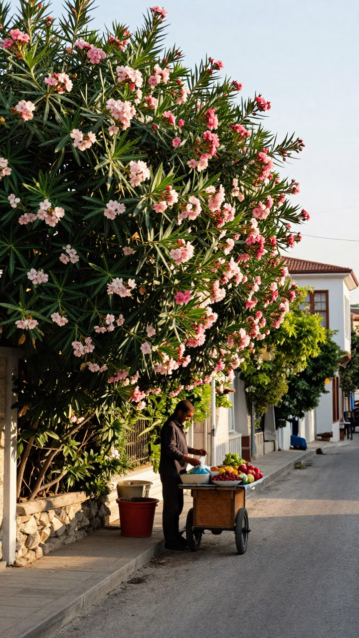 Late morning street scene in Izmir Turkey with oleander hedge and vintage majolica plate in in Izmir, Turkey