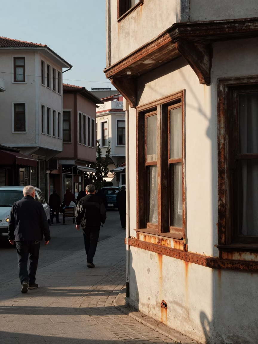 Late Morning Street Scene in Izmir Turkey with Rusty Window Sill Detail in in Izmir, Turkey
