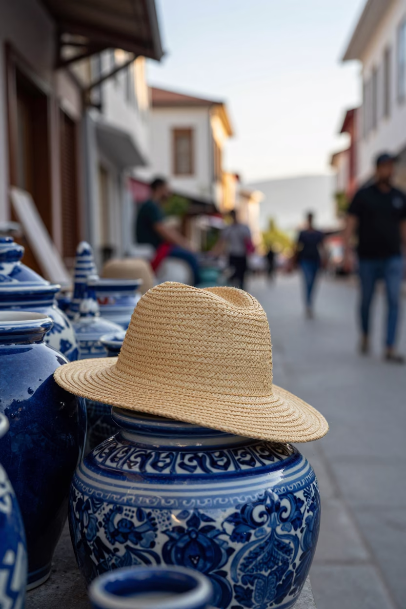 Late Morning Street Scene in Izmir Turkey with Sun Hat and Glazed Ceramic in in Izmir, Turkey
