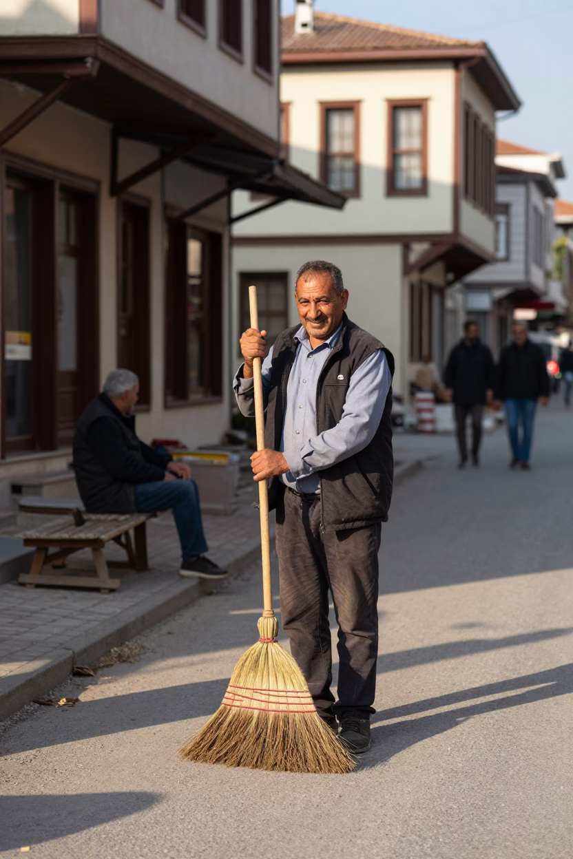 Late Morning Street Scene in Izmir Turkey with Traditional Broom and Local Interaction in in Izmir, Turkey