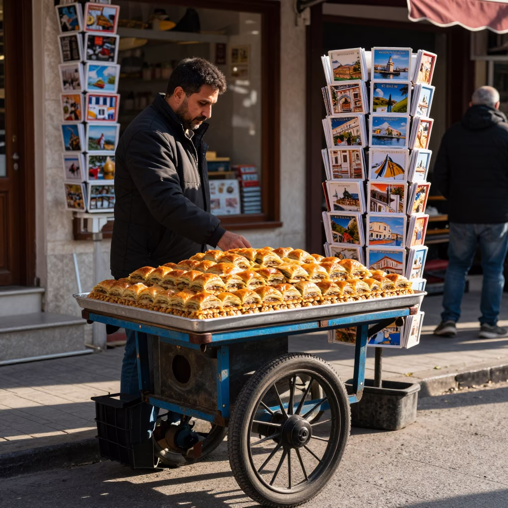 Late Morning Street Scene in Izmir Turkey with Turkish Baklava and Postcards in in Izmir, Turkey