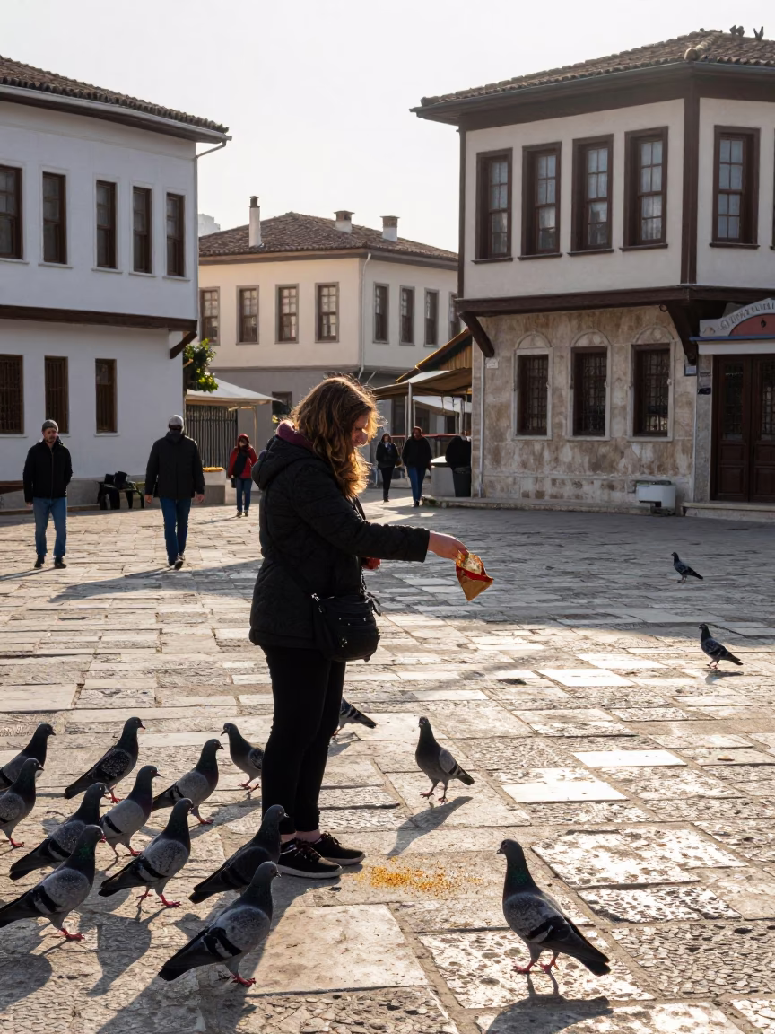 Late Morning Street Scene in Izmir Turkey with Woman Feeding Pigeons in Town Square in in Izmir, Turkey