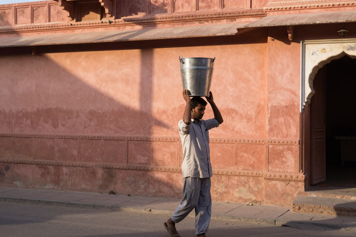 Late Morning Street Scene in Jaipur India with Metal Bucket and Brushed Steel Window in in Jaipur, India