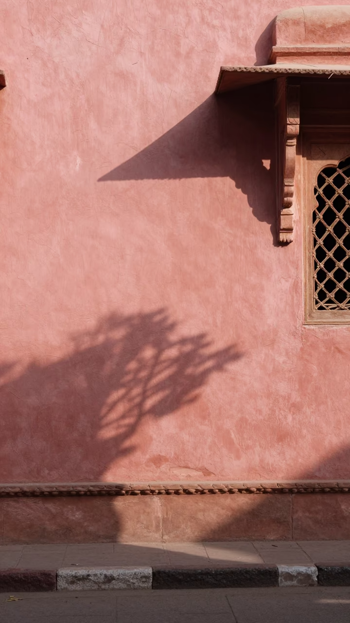 Late Morning Street Scene in Jaipur India with Wicker Shadow on Plaster Wall in in Jaipur, India