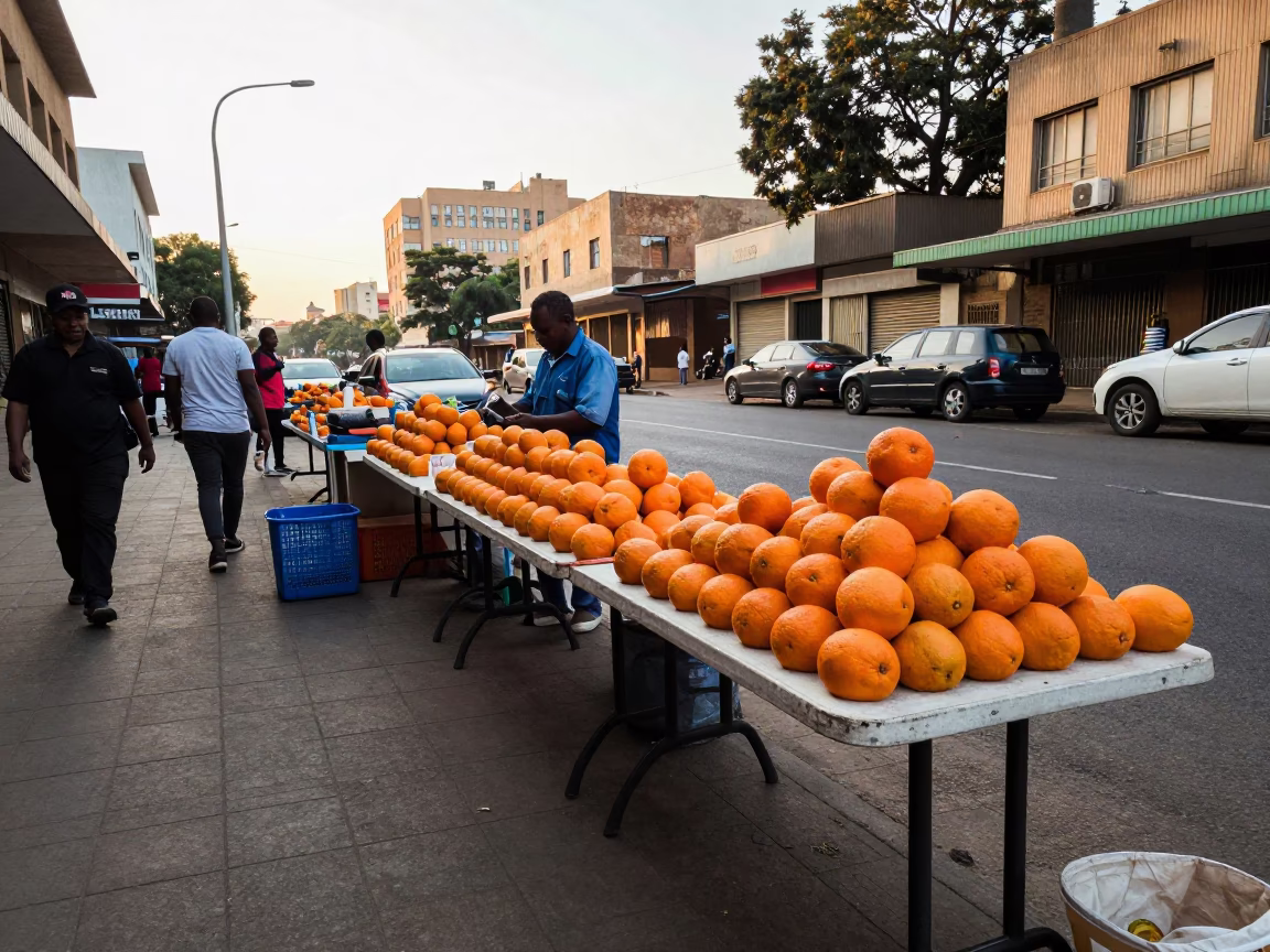 Late Morning Street Scene in Johannesburg South Africa with Folding Tables and Oranges in in Johannesburg, South Africa