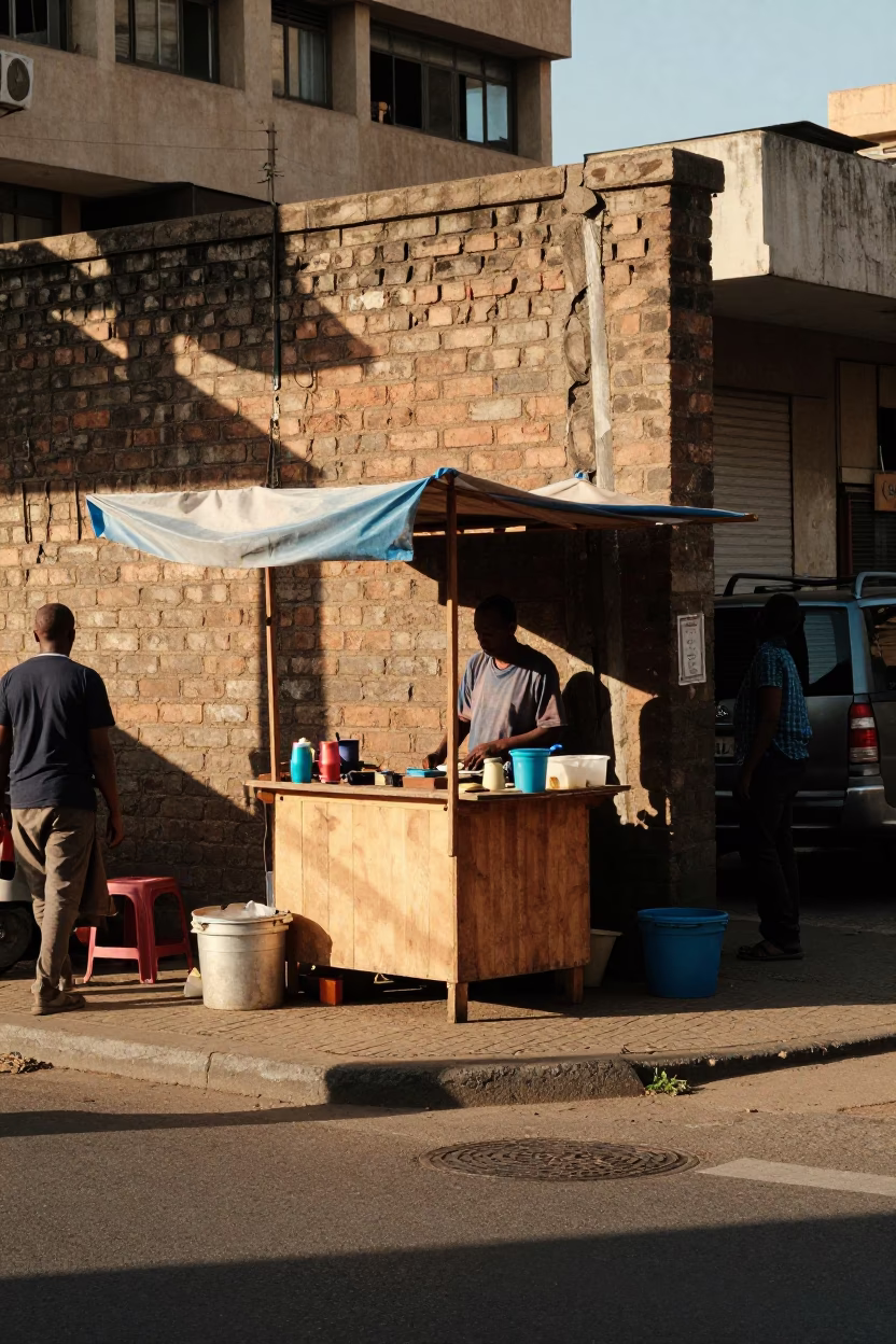 Late Morning Street Scene in Johannesburg South Africa with Local Vendor and Everyday Objects in in Johannesburg, South Africa
