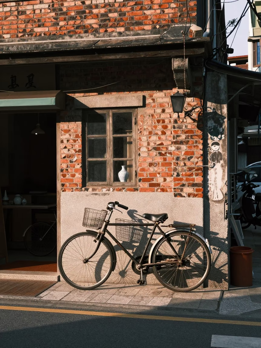 Late Morning Street Scene in Kaohsiung Taiwan with Bicycle and Porcelain Bowl in in Kaohsiung, Taiwan