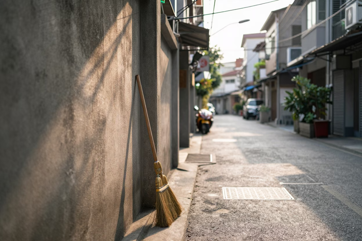 Late Morning Street Scene in Kaohsiung Taiwan with Broom and Wall Hook Details in in Kaohsiung, Taiwan