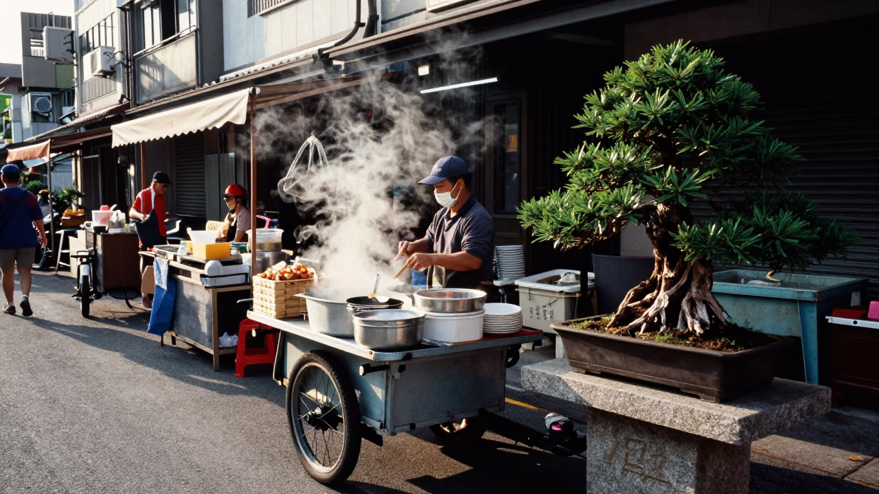 Late Morning Street Scene in Kaohsiung Taiwan with Local Food and Bonsai Display in in Kaohsiung, Taiwan