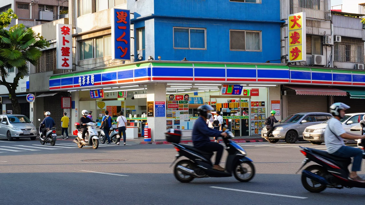 Late Morning Street Scene in Kaohsiung Taiwan with Scooters and Urban Greenery in in Kaohsiung, Taiwan