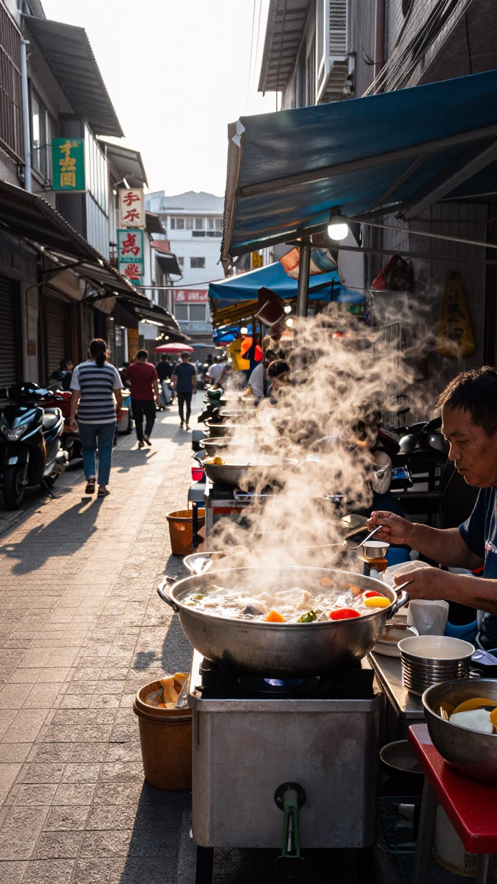 Late Morning Street Scene in Kaohsiung Taiwan with Traditional Food Vendor and Tool in in Kaohsiung, Taiwan