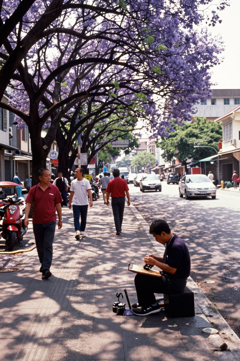 Late Morning Street Scene in Kaohsiung Taiwan with Vintage Camera and Lockbox in in Kaohsiung, Taiwan