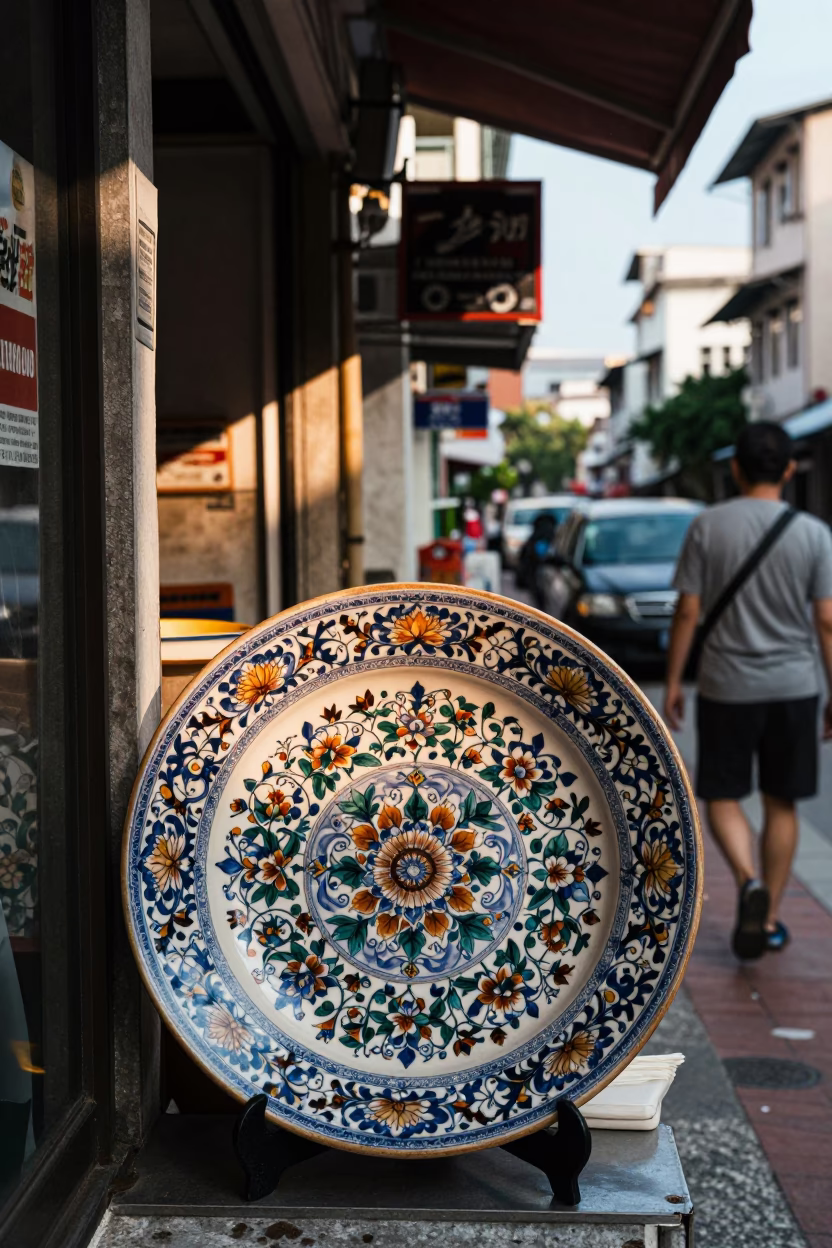 Late Morning Street Scene in Kaohsiung Taiwan with Vintage Majolica Plate and Mug in in Kaohsiung, Taiwan