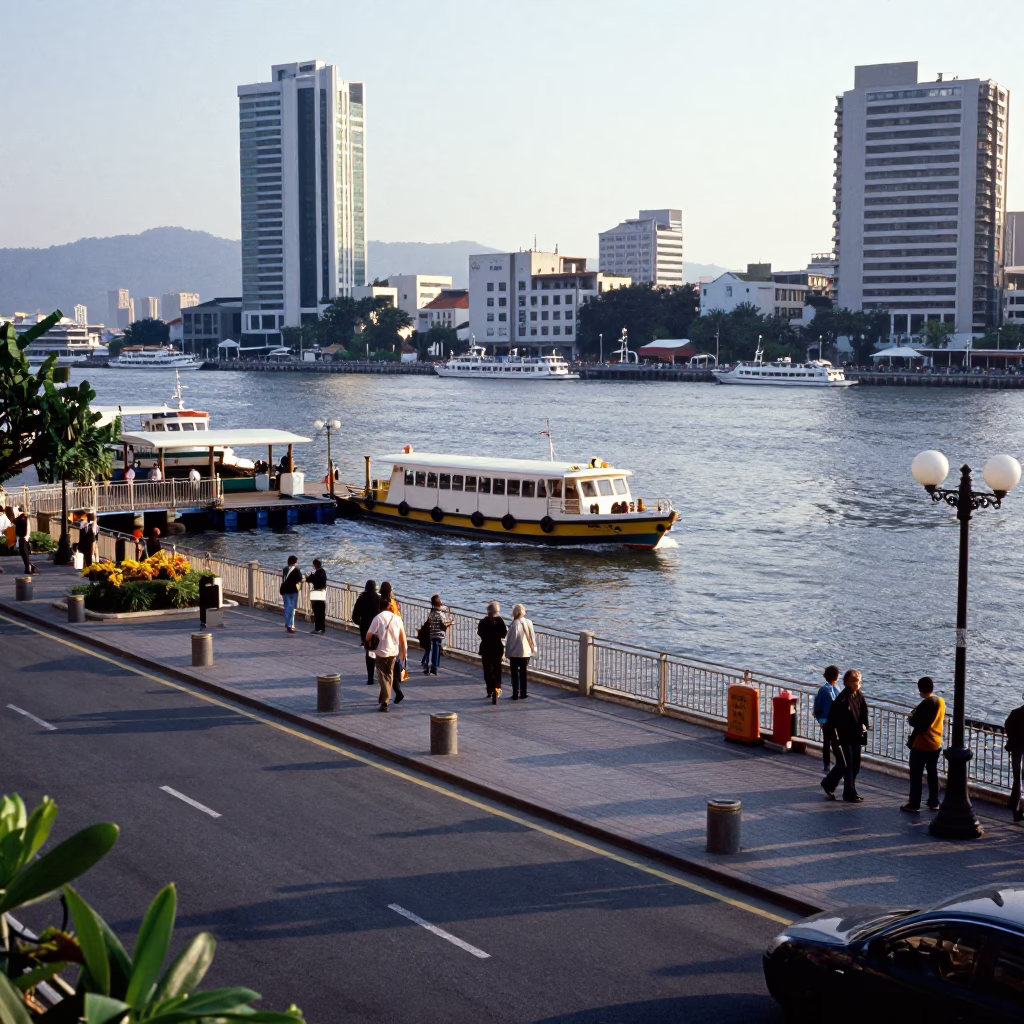 Late Morning Street Scene in Kaohsiung Taiwan with Water Taxi and Bicycle Basket in in Kaohsiung, Taiwan