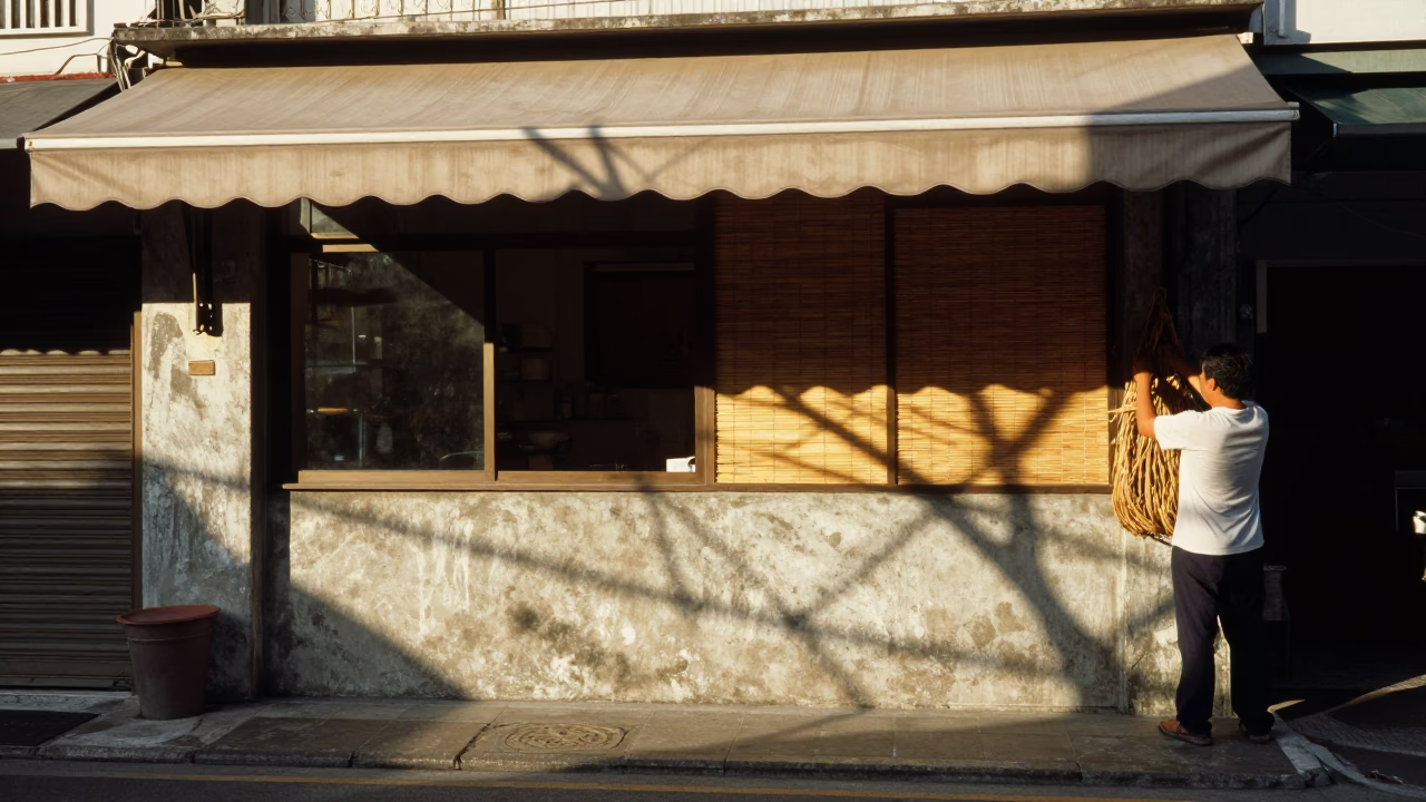 Late Morning Street Scene in Kaohsiung Taiwan with Wicker Shadow and Frayed Rope in in Kaohsiung, Taiwan