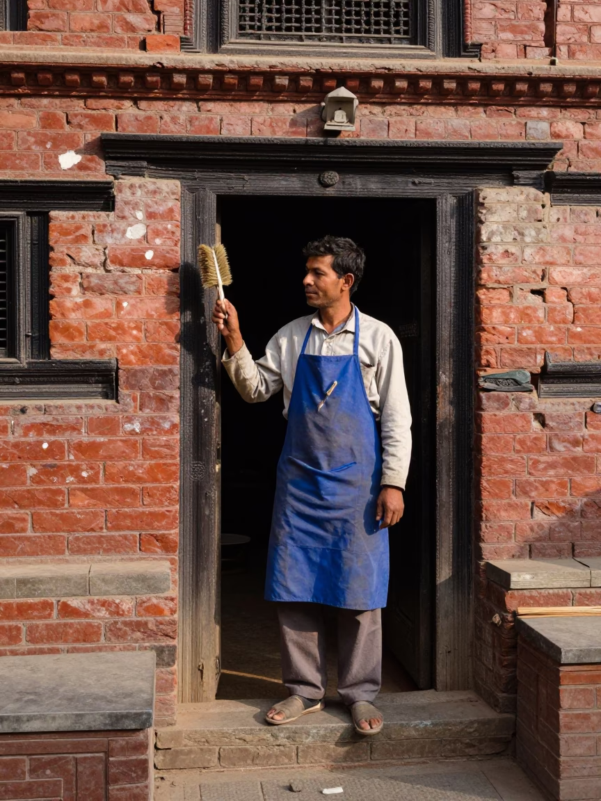 Late Morning Street Scene in Kathmandu Nepal with Apron and Brush in in Kathmandu, Nepal