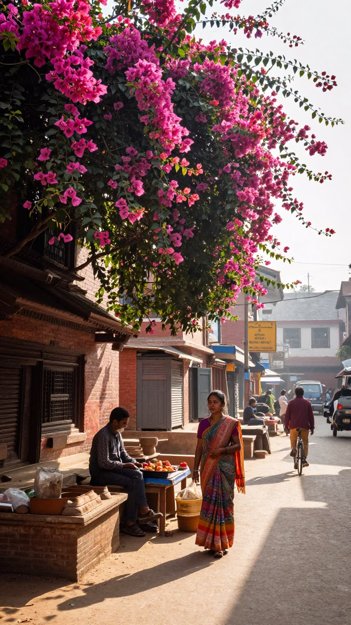 Late Morning Street Scene in Kathmandu Nepal with Bougainvillea and Clay Pot in in Kathmandu, Nepal
