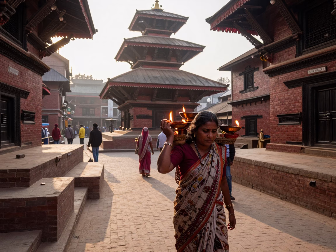 Late Morning Street Scene in Kathmandu Nepal with Diwali Oil Lamps in in Kathmandu, Nepal