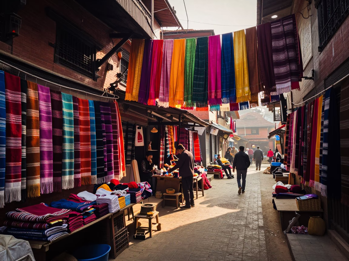 Late Morning Street Scene in Kathmandu Nepal with Hanging Silk Fabrics in in Kathmandu, Nepal