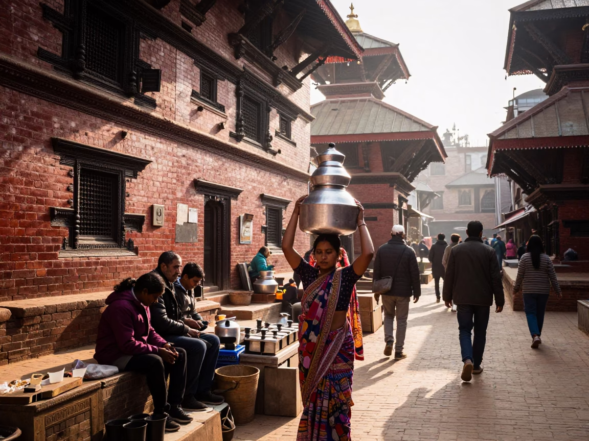 Late Morning Street Scene in Kathmandu Nepal with Local Vendors and Daily Life in in Kathmandu, Nepal